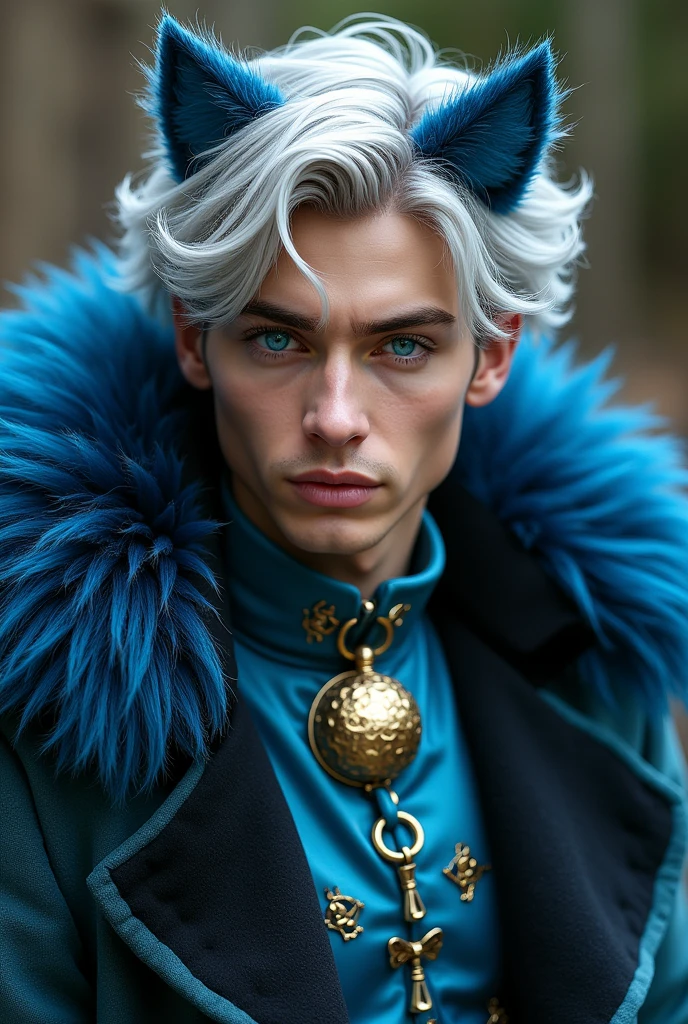 A very attractive 1 boy with silver hair and very vibrant blue eyes, Cheshire Cat themed clothing, flirtatious but firm look, few extravagant clothes, silver and blue cat ears, Bell collar and blue and black fluffy fur coat.