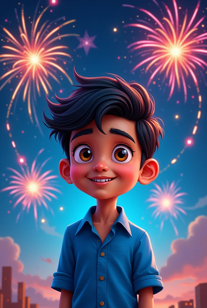 An indian cartoon boy wearing a royal blue sheert and have big and attractive drown eye's with cool hair style with a beautiful background in night crackers flying in the sky which makes the boy look more good
