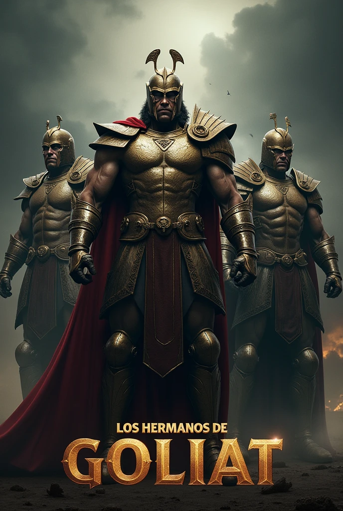 Create an image of giant warriors in armor and make the image look like a movie cover.
The image must have a title that says THE BROTHERS OF GOLIATH with letters similar to those of the movie Gladiator. Four giants must appear and the title must be in Spanish. The image must be the size of the YouTube cover. The cover size must be 1280 by 780 and the faces of the characters must look like human beings.