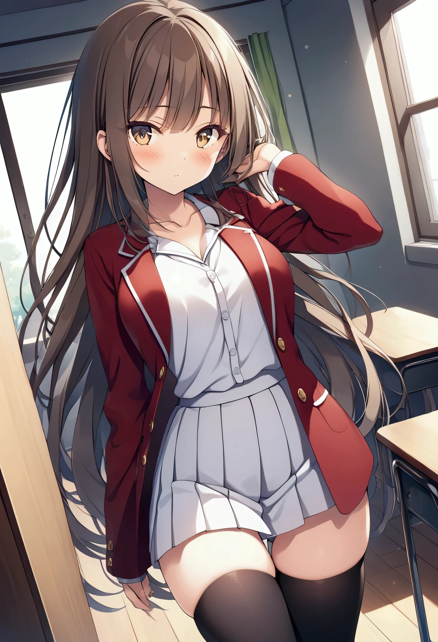 Ayanokouji Kiyotaka cambia and niña, Youkoso Jitsuryoku Shijo Shugi no Kyoushitsu e, Tomose Shunsaku, 1 girl, Alone, High resolution, dutch angle, very long hair, Brown hair, golden brown eyes, fringe, fringe partido, expressionless, Closed mouth, big breasts, neckline, clavicle, White shirt, Red school jacket, buttons, White pleated skirt, long transparent stockings, looking at the viewer, Hand in hair, arm down, Standing, thigh gap, legs, classroom, long black stockings ,day full of light, desk, Posing,window , masterpiece, Best Quality, Best Quality, amazing, beautiful detailed eyes, finely detailed, depth of field, Extremely detailed CG unity 8k wallpaper, Whole body.