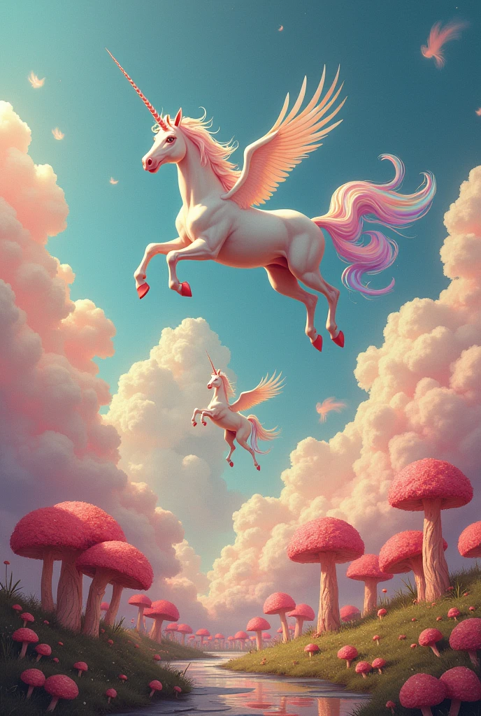 A pink world with clouds shaped like edible breasts. Flying unicorns that jump around and fart colorfully. Flowers shaped like spiky magic mushrooms and sperm. Renascentist picture