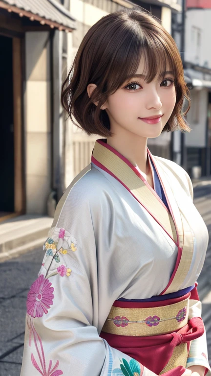 (8k, RAW Photos, Highest quality:1.2), (reality, reality的:1.4), (非常に詳細な8kwallpaper)、Sharp focus, Cinema Lighting, 細部までBeautiful Eyes, Asymmetrical bangs, Glowing Skin, Highly detailed skin ,High resolution, Attention to detail, Detailed hairstyle, Detailed beauty face, Hyper Real, Perfect limbs, Perfect Anatomy ,1 Japanese girl,Famous idols of Japan, Perfect female body,smile,short eyelashes,double eyelid、Look straight here,Stand up straight and face me, whole body ,,look straight at me,Streets of Europe、Tabletop、wallpaper、reality的、Bright lighting、Professional Lighting、Face Light Smooth Lighting、Japanese women、Adult、Beautiful woman、action、gravure、Sexy、so beautiful、Beautiful Skin、Beautiful and detailed、Detailed face、slim、moderately、((short hair))、((Brunette Hair))、Brown eyes、Looking into the camera、Small Bust、Pretty face,, smile, Blurred Background, 超High resolution, Backlight, Top-down angle,whole body、Accurate 5 fingers, software , Bony body, Japanese women, One person, Perfect body, 超Detailed face, Detailed lips, Beautiful Eyes, double eyelid, Light brown hair, Asymmetrical hair, Asymmetrical bangs, Messy Hair,(A luxurious white kimono in vibrant colors:1.3), (Gorgeous embroidered kimono:1.3)