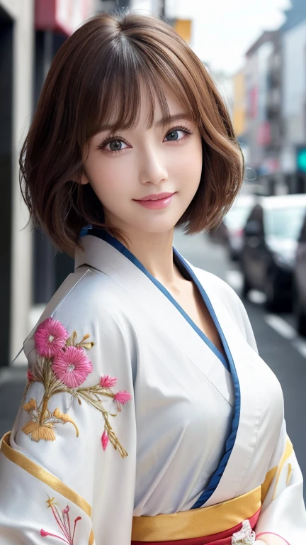 (8k, RAW Photos, Highest quality:1.2), (reality, reality的:1.4), (非常に詳細な8kwallpaper)、Sharp focus, Cinema Lighting, 細部までBeautiful Eyes, Asymmetrical bangs, Glowing Skin, Highly detailed skin ,High resolution, Attention to detail, Detailed hairstyle, Detailed beauty face, Hyper Real, Perfect limbs, Perfect Anatomy ,1 Japanese girl,Famous idols of Japan, Perfect female body,smile,short eyelashes,double eyelid、Look straight here,Stand up straight and face me, whole body ,,look straight at me,Streets of Europe、Tabletop、wallpaper、reality的、Bright lighting、Professional Lighting、Face Light Smooth Lighting、Japanese women、Adult、Beautiful woman、action、gravure、Sexy、so beautiful、Beautiful Skin、Beautiful and detailed、Detailed face、slim、moderately、((short hair))、((Brunette Hair))、Brown eyes、Looking into the camera、Small Bust、Pretty face,, smile, Blurred Background, 超High resolution, Backlight, Top-down angle,whole body、Accurate 5 fingers, software , Bony body, Japanese women, One person, Perfect body, 超Detailed face, Detailed lips, Beautiful Eyes, double eyelid, Light brown hair, Asymmetrical hair, Asymmetrical bangs, Messy Hair,(A luxurious white kimono in vibrant colors:1.3), (Gorgeous embroidered kimono:1.3)
