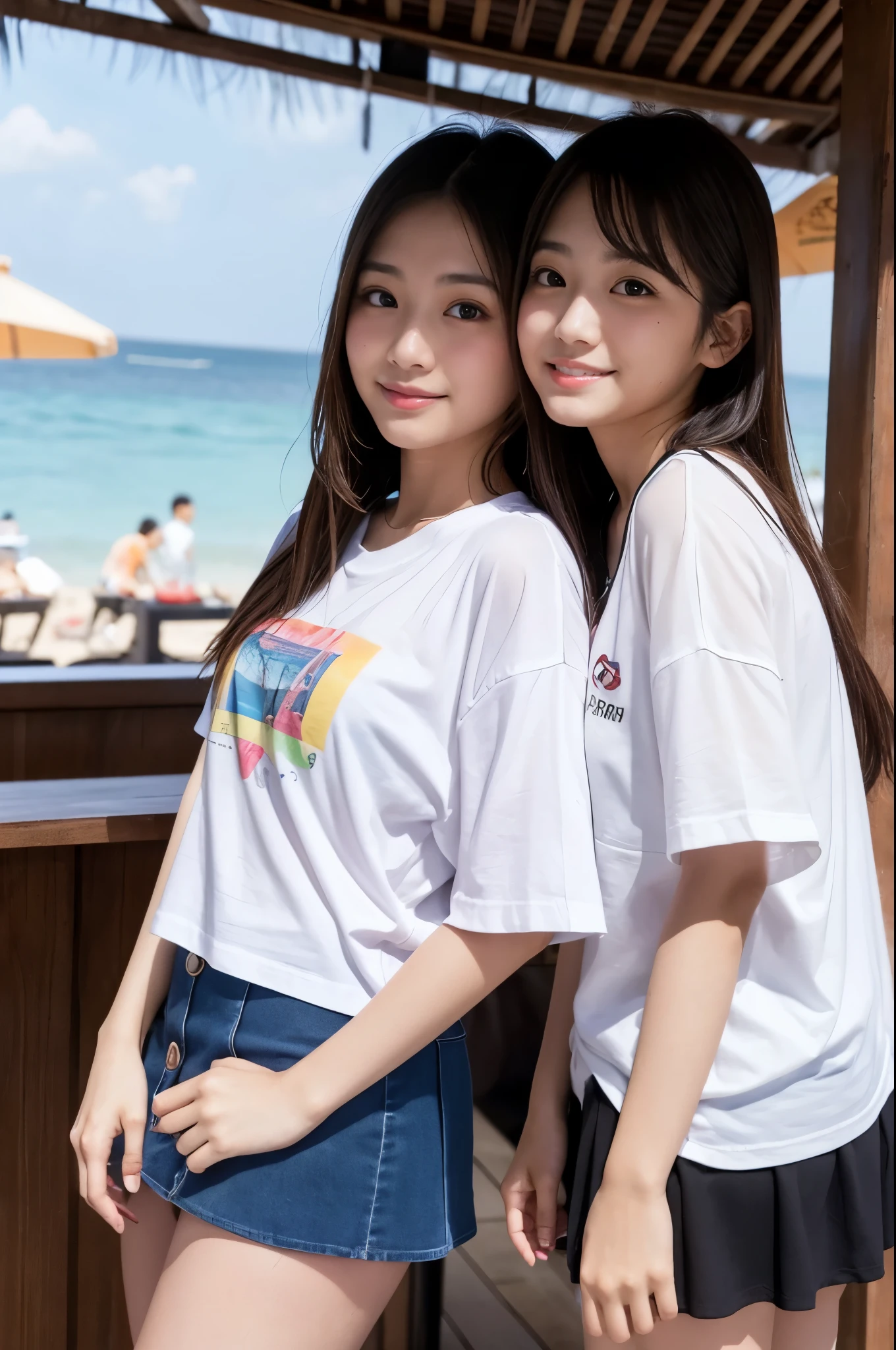 Two girls (2, Japanese cute face) are wearing Tshirts, mini skirt at the beach bar