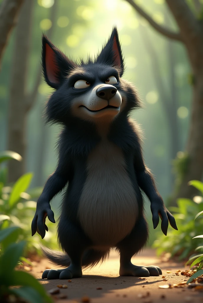 pixar style, sideview of a 3D cute but revengeful mischief black furry wolf with grey snout and belly, with realistic black fur, 3D illustration, captured in a highly exaggerated cartoonish pose, (blowing air from mouth with full force:1.5). The wolf's cheeks are puffed, lips rounded and eyes closed. The wolf's legs are bent, and its arms stretch backward, emphasizing the comical exertion. The expression on the wolf's face is exaggerated, with closed eyes, furrowed brows, and a humorous intensity. (1male wolf:1.2), (sinister and mischief expression:1.5), dark behaviour, lean build, (disproportionate body long nose and mouth), (realistic fur texture), (jungle background:1.4), sunlight filtering through the trees, (soft lighting:1.3), (green and earthy color scheme:1.3), (highly detailed), (ultra quality:1.3), (masterpiece), (digital art), 8K resolution, HDR, depth of field, (soft shadows), (photorealistic:1.3), (animation:1.2), (by Greg Rutkowski:0.9), (in the style of Alphonse Mucha), trending on ArtStation, award-winning art