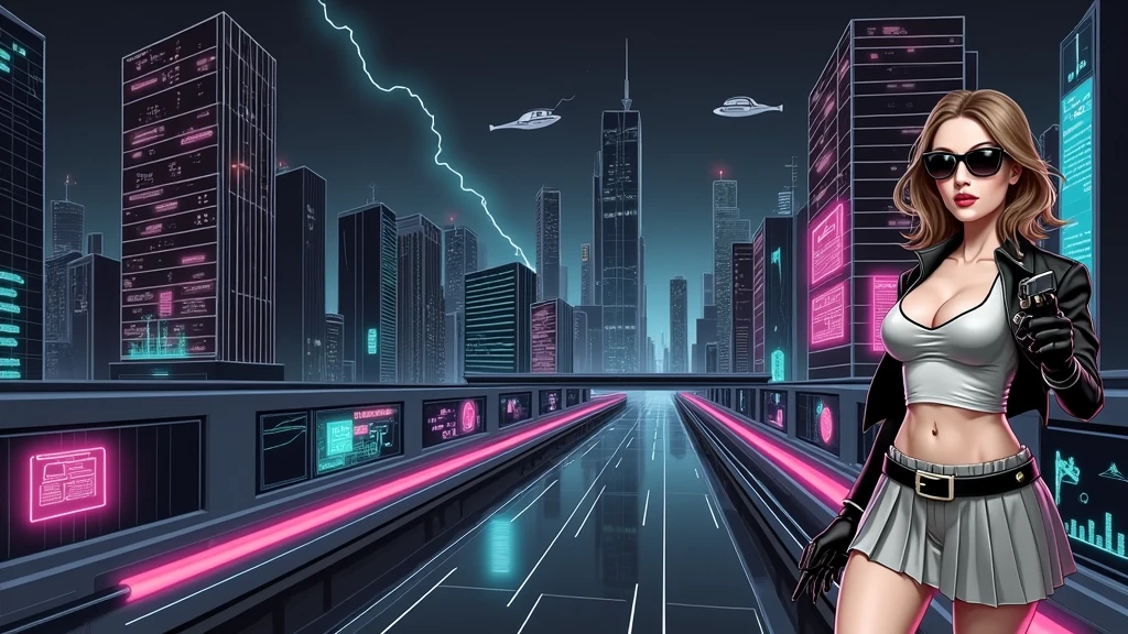 Futuristic cityscapes with colorful all-glass outlined towering skyscrapers with lightning, flying vehicle. High-resolution OLED GUI interfaces in the building, The windows are filled with transparent data visualization infographics that show it all, from weather patterns to traffic flow. Colors are saturated and vibrant. At night, (1girl, solo, alone), photorealistic, large-breast slim:0.6 body, oval:0.5 face, cleavage:1.1, very low angle view of pleated miniskirt, deep-v, (upskirt), glove, (Matrix style black micro sunglasses), (aiming viewer with a short gun), dynamic running pose, (half-body thigh level close-up shot), cinematic lighting, ray tracing, motion blur background.