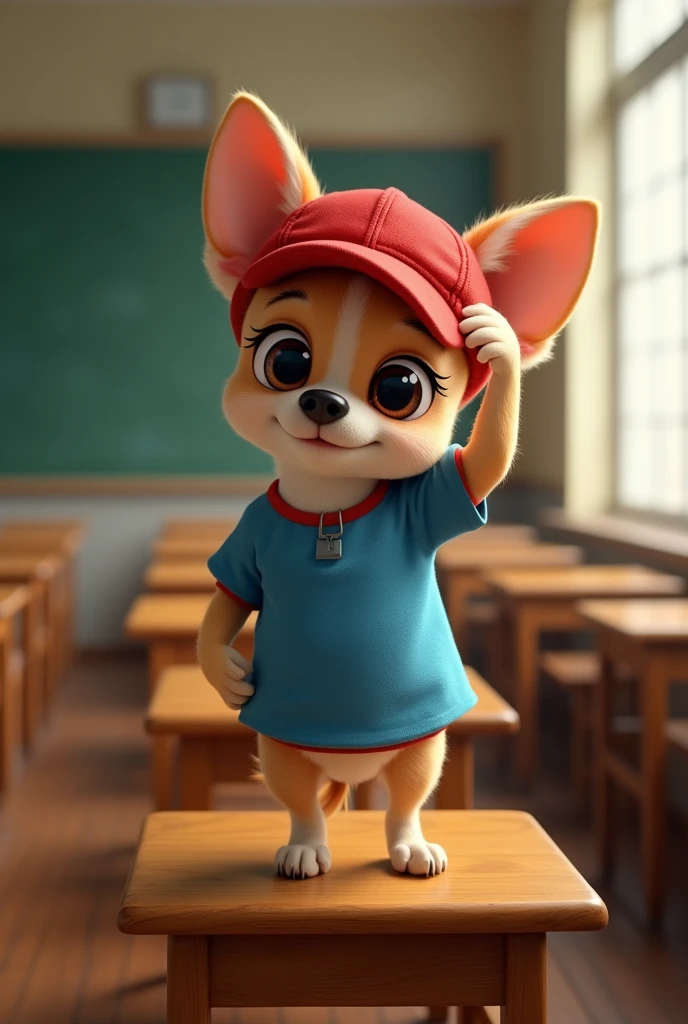 A chichuahua standing on classroom chair wearing red cap and blue t-shirt makes a relaxes face with hand on head 