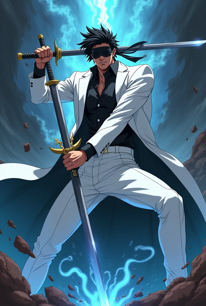 Black anime guy in a white suit and a black blindfold with magic doing cool pose with a sword