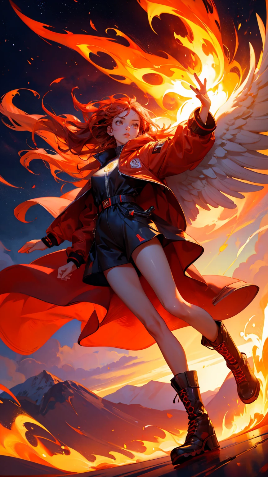 red color must, A beautiful, cute girl with fiery determination, standing on top of a speeding sports car with flames trailing behind it, racing down a rainbow-colored road in the sky. She has long, flowing hair that waves with the wind, wearing a sleek, stylish jacket and combat boots. Her pose is confident, with one foot forward and arms stretched wide as if commanding the fiery wings behind her. The background features floating Bitcoin coins with a glowing aura, dramatic flames in the sky, and distant mountains bathed in a sunset glow, creating an epic, high-energy scene
