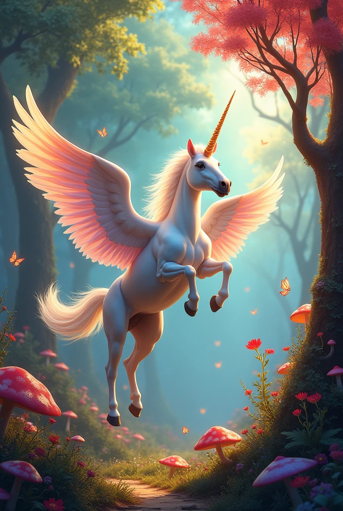 Unicorn with big wings in multi-colored forest