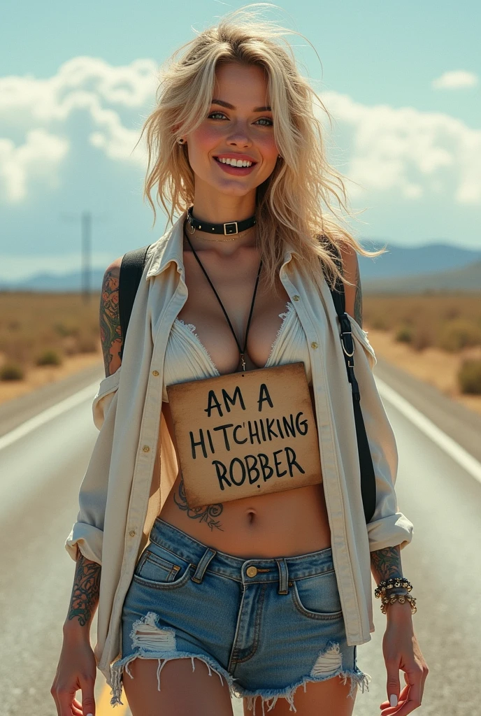 (Masterpiece.UHD.full body) fusion of watercolors and oil paintings, mix of monochrome and color, attractive beautiful woman, age 23. Full lips. Gorgeous face. Epic cleavage.hitchhiking on a road in the middle of nowhere, (hitchhiking pose, gesture, sign), with a sign around her neck that says "I am a hitchhiking robber", yandere, crazy smile, scary smile, evil smile, teasing smile, grin, lewd smile, malicious smile, creepy smile, amorous and lewd face, blonde messy hair, make-up, huge mouth, blue eyes, superlative body proportion, covered in tattoos, wearing open shirt, short jeans pants, western boots, 2.5D, delicate and dynamic, graphic CG digital art