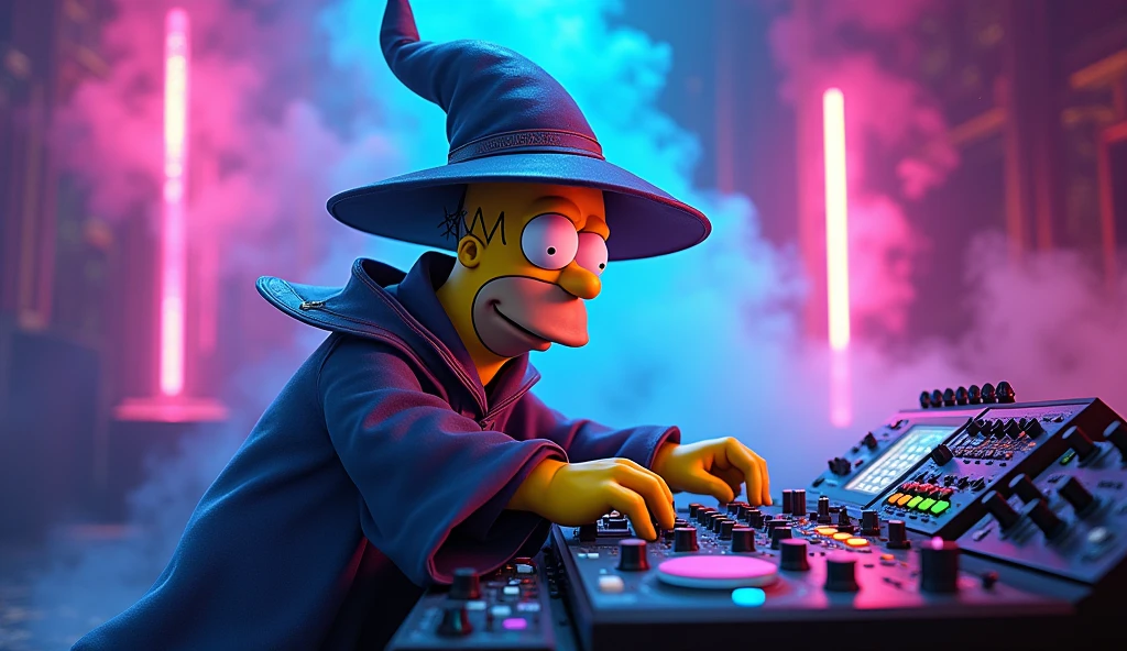 Homer Simpson dressed as a wizard, controlling a mixing board, with neon lights and colored smoke in the background, 2k image, scenography