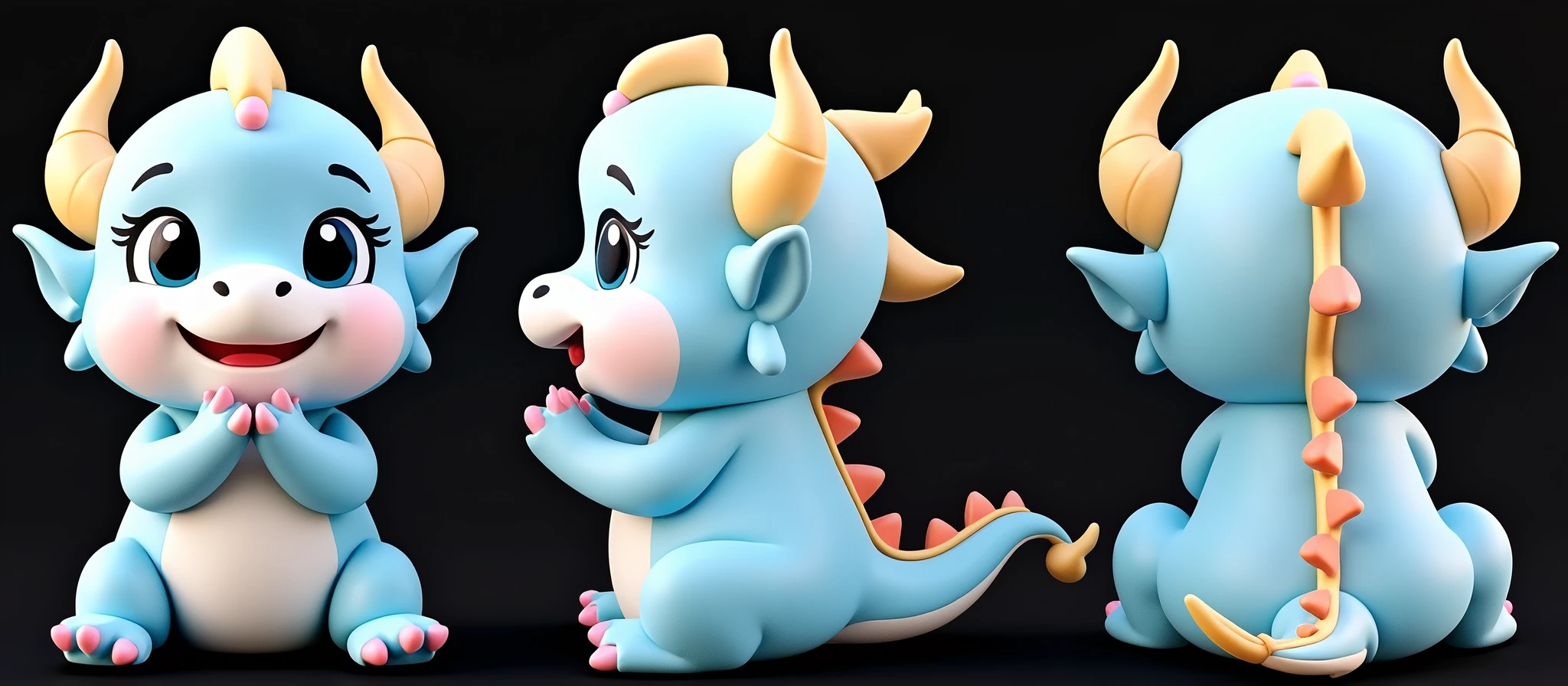 Cute cartoon baby dragon, with a pastel blue body, yellow horns, and pink claws, in a sitting pose on its hind legs like a cat, hands folded in a prayer position, and a white tail facing upwards. Three views are shown: front, side, and rear. The rendering style is c4d, with super high-definition details and a solid color background. This is a 3D modeling cartoon character design.