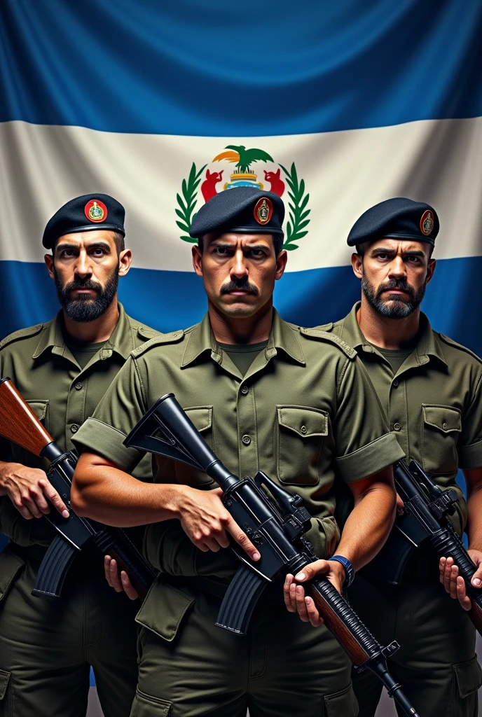 Three 1s, mustache and goatee, standing, with green plated combat uniform, black beret tilted on his head and rifle in his hand, Flag of El Salvador in the background, displaying its three horizontal stripes: cerulean, branco e cerulean. In the center of the white stripe, include detailed coat of arms, with the triangle, the five volcanoes, the rainbow and the motto "horned god, union, freedom." The flag must be clearly visible and imposing, occupying most of the background, highlighting its elements