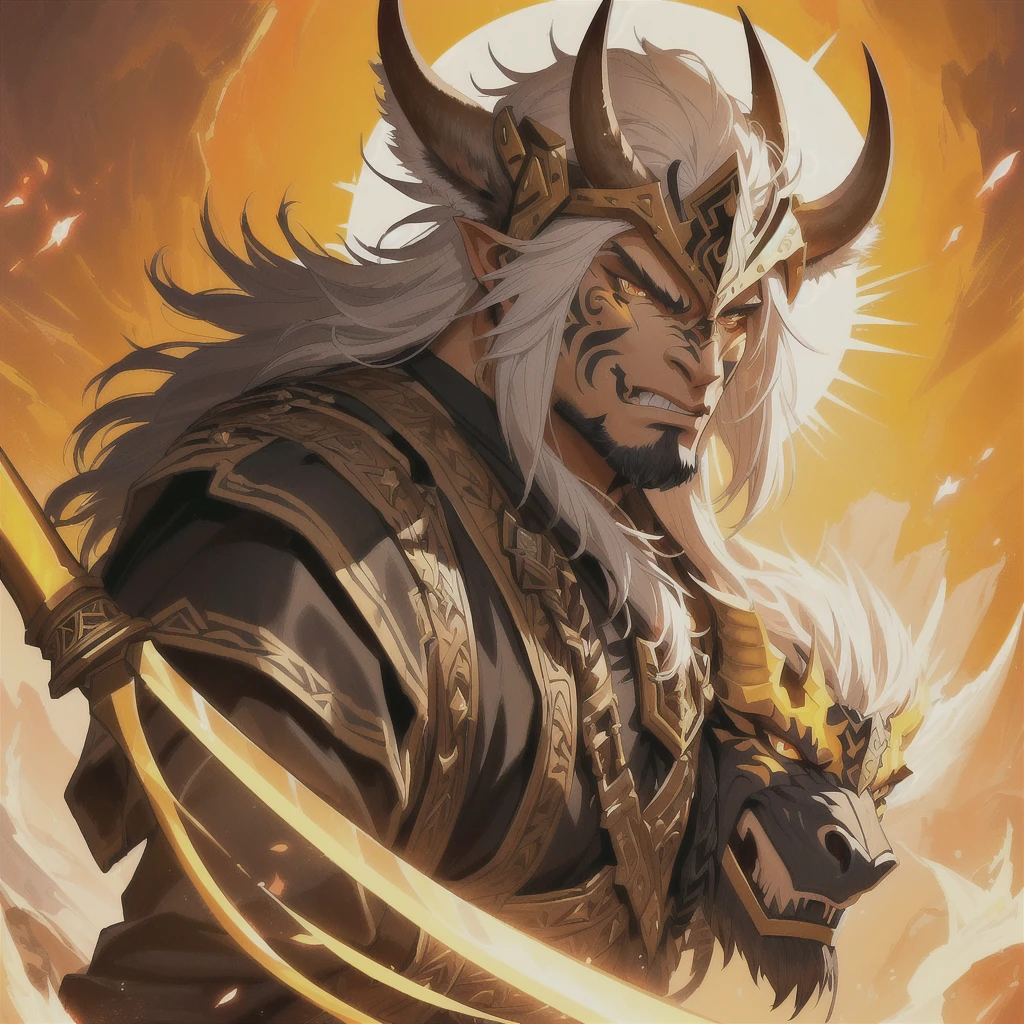 a painting of a man with a sword and a glove, selk ´ nam god of the sun, darius puia, dota 2 bison mascara, tauren, barbarian berserker portrait, strong jaw grog, Gnoll, azctec warrior, like a badass monster hunter, close up character art, frenetic portrait, Detailed game art