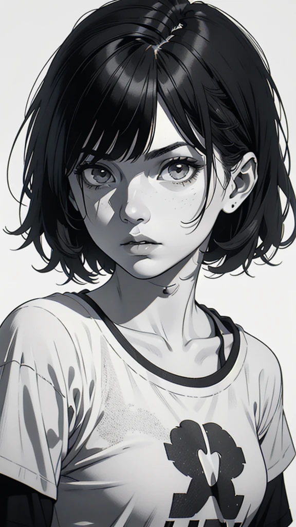1 boyish girl, solo, sharp eyes, expressionless, monochrome, greyscale, short black hair, portrait, white T-shirt, closed mouth, looking at viewer, graphite \(medium\), detailed lips, hatching \(texture\), without makeup, bangs, upper body, (best illustration), (best quality), (very detailed), (masterpiece), expressionless,