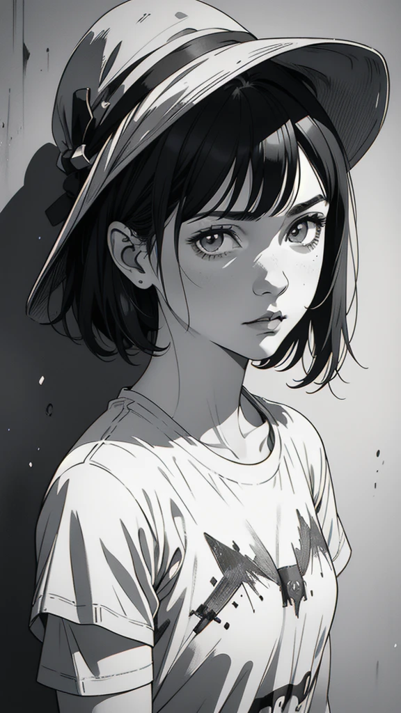 1 boyish girl, solo, sharp eyes, expressionless, monochrome, greyscale, short black hair, portrait, white T-shirt, closed mouth, looking at viewer, graphite \(medium\), detailed lips, hatching \(texture\), without makeup, bangs, upper body, (best illustration), (best quality), (very detailed), (masterpiece), expressionless,