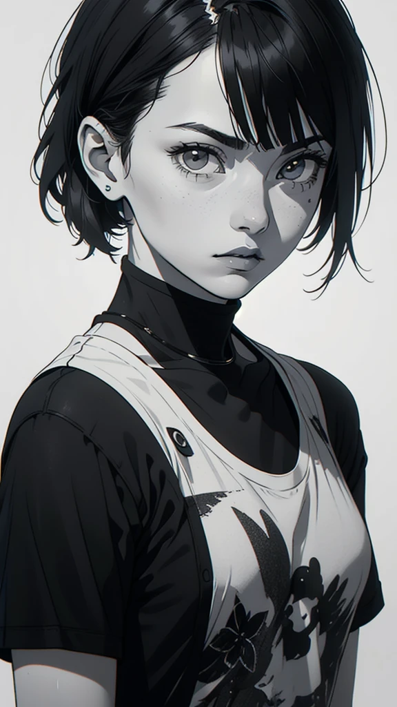 1 boyish girl, solo, sharp eyes, expressionless, monochrome, greyscale, short black hair, portrait, white T-shirt, closed mouth, looking at viewer, graphite \(medium\), detailed lips, hatching \(texture\), without makeup, bangs, upper body, (best illustration), (best quality), (very detailed), (masterpiece), expressionless,