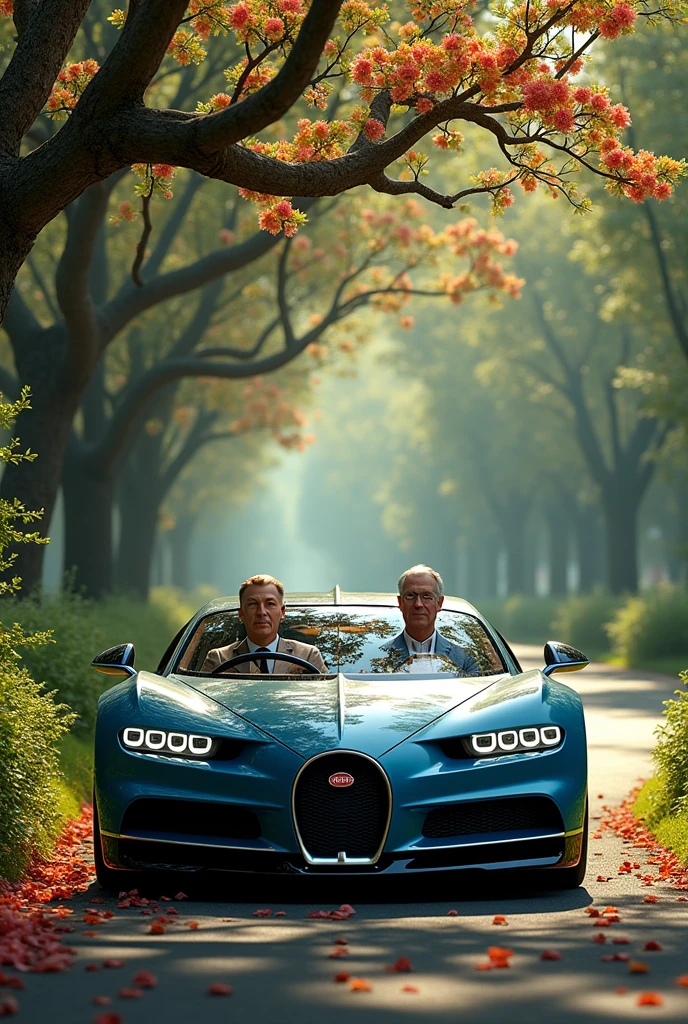 A man driving Bugatti,tree with cosmetic