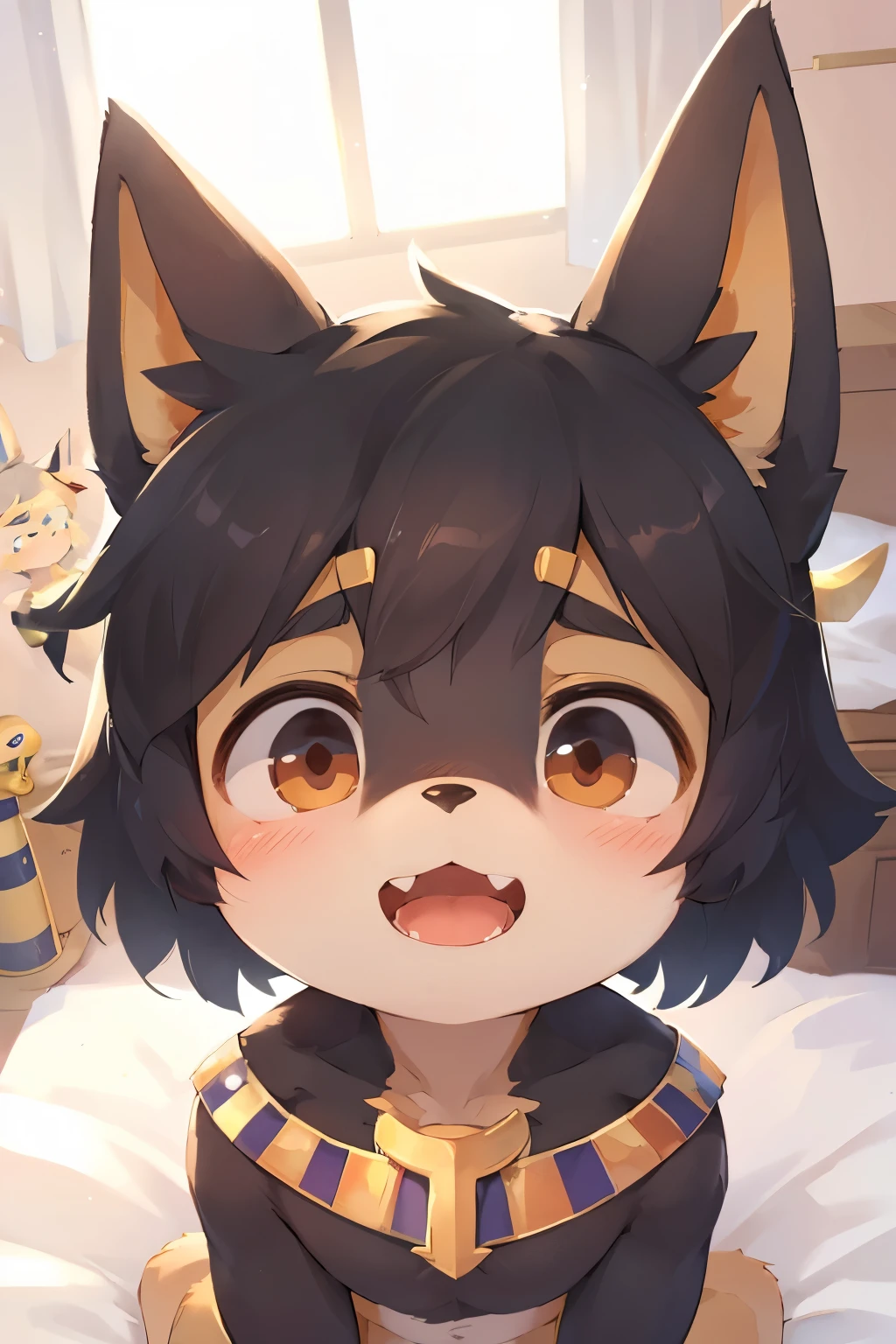 Kemoshota penis, black cat, precum, black fur, close up, embarrassed, open mouth, tortured, punishment, torture, Anubis boy, Egypt adorns,  very short height, crucifixion,  innocent boy, frightened , 7years old kemoshota boy, adorable