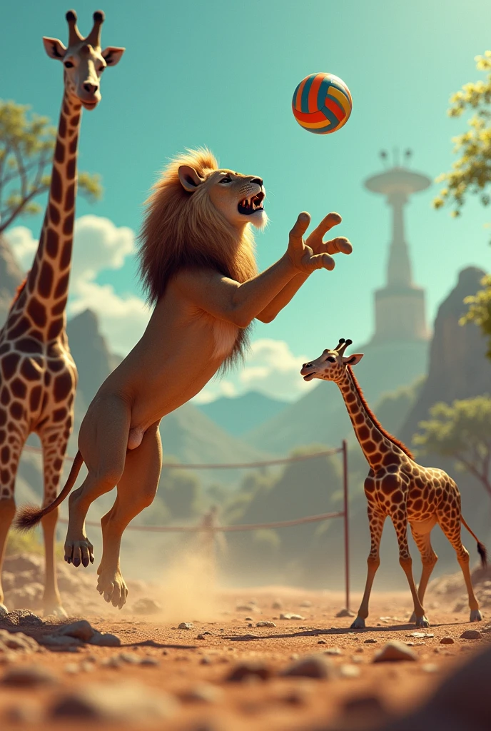 Lion playing volleyball with a realistic 8k giraffe where is a vampire head