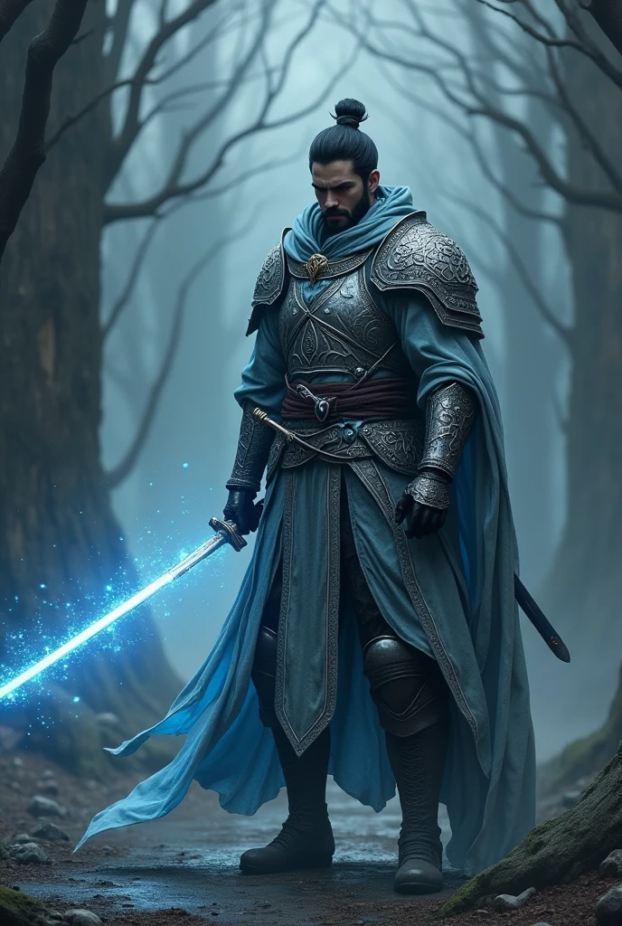 Elden Ring style, Dark Souls style, male warrior, one handed katana, silver light armor, lunar blue magic, eastern warrior, hidden face