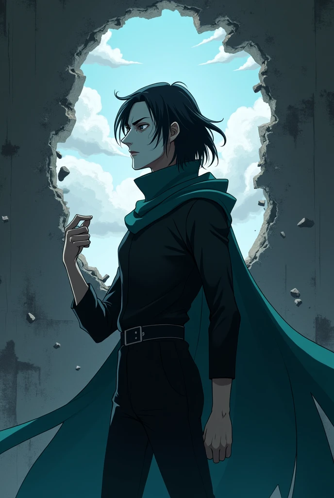 The image is anime style cowboy bebop and Darker than black with shadows and dim lights, anime style although somewhat adult and dark, It shows a single adult man with medium-length black hair wearing a cape., Thin build wearing a white theatre mask of the smiling Melpomene or Thalia type, that does not allow his face to be seen, posing sideways with her dark turquoise cape billowing forward, The rest of his clothing is black.. He is standing in front of a destroyed grey wall, with debris falling behind him, behind the hole in that wall, I could see the sky and the clouds. He is about to snap his fingers. side pose