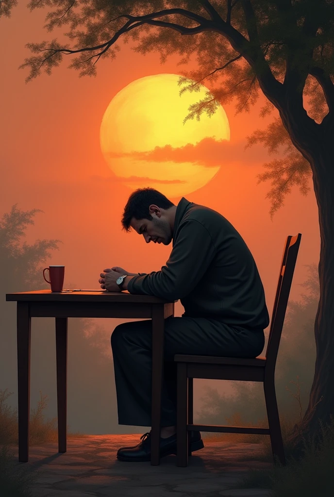 A man mourns the dead。
sunset、Foreigners、hard、sorrow、table、chair