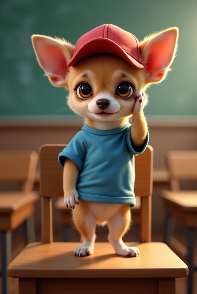 A chichuahua standing on classroom chair wearing red cap and blue t-shirt makes a relaxes face with hand on head