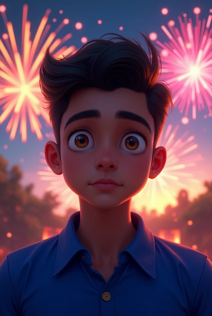 An indian tenage boy wearing a royal blue sheert and have big and attractive drown eye's with cool hair style with a beautiful background in night crackers flying in the sky which makes the boy look more good