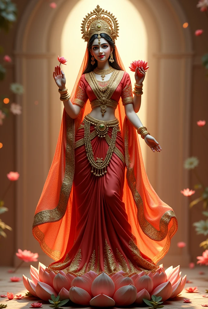 Ek sunder aur divya moorti taiyar kijiye jo Radha ji ka roop dharan kare. Moorti mein Radha ji ko ek sundar laal aur sonay se kadhai waale ghagra-choli mein dikhaya jaye. Unke charanon mein pajeb aur haathon mein choodiyan ho. Radha ji ke haathon mein ek haath mein kamal ka phool aur doosra haath ashirwaad dete hue ho. Unka mukha mandal sunder aur komal ho, unke sar par ek shobha shaalai mukut ho aur unke peeche ek prakashmaan ghoonghat ho. Moorti ke chehre par ek madhur muskaan ho aur poore pratimaan ko ek divya aur pavitra roop mein dikhaya jaye. Moorti mein Bharat ke paramparik kala tatvon ka poora dhyan rakha jaye. Quality 4K 8k mid journey high quality