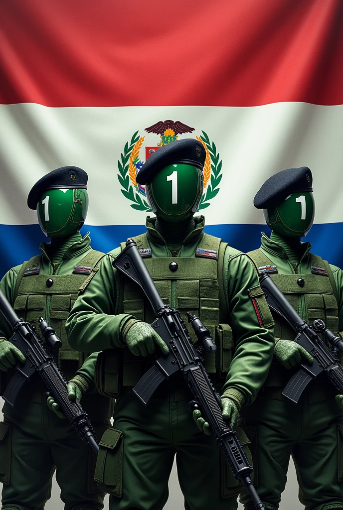 Three 1s, Fluff, standing, with green plated combat uniform, black beret tilted on his head and rifle in his hand, Flag of El Salvador in the background, displaying its three horizontal stripes: cerulean, branco e cerulean. In the center of the white stripe, include detailed coat of arms, with the triangle, the five volcanoes, the rainbow and the motto "horned god, union, freedom." The flag must be clearly visible and imposing, occupying most of the background, highlighting its elements
