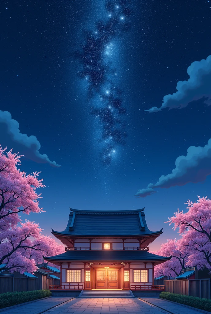Japanese house centered in the middle of the starry night and red cel Japanese anime style