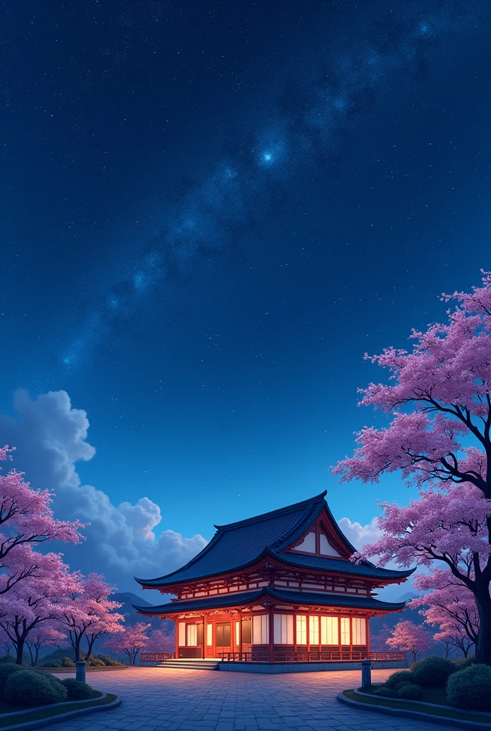 Japanese house centered in the middle of the starry night and red cel Japanese anime style