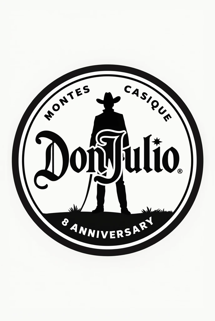 A round logo with the word Don Julio in the center and a small shadow of a cowboy from the torso to the head above., Below the number 18 with the abbreviation for anniversary in English and on the left side the word Montes and on the right the word Casique all in black and white and surrounded by two thin lines in png so it can be used as a sticker