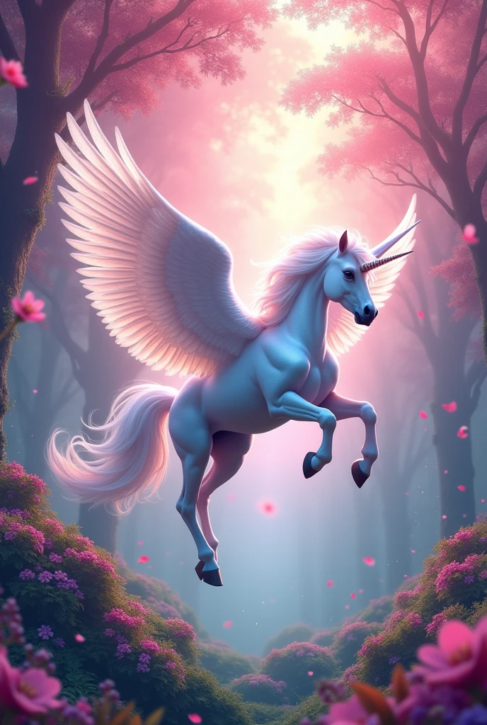 Unicorn with big wings in multicolored forest and pink sky