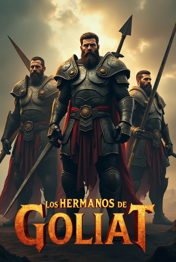 Create an image of giant warriors in armor and make the image look like a movie cover.
The image must have a title that says THE BROTHERS OF GOLIATH with letters similar to those of the movie Gladiator. Four giants must appear and the title must be in Spanish. The image must be the size of the YouTube cover. The cover size must be 1280 by 780 and the faces of the characters must look like human beings. They must have swords., spears and shields
