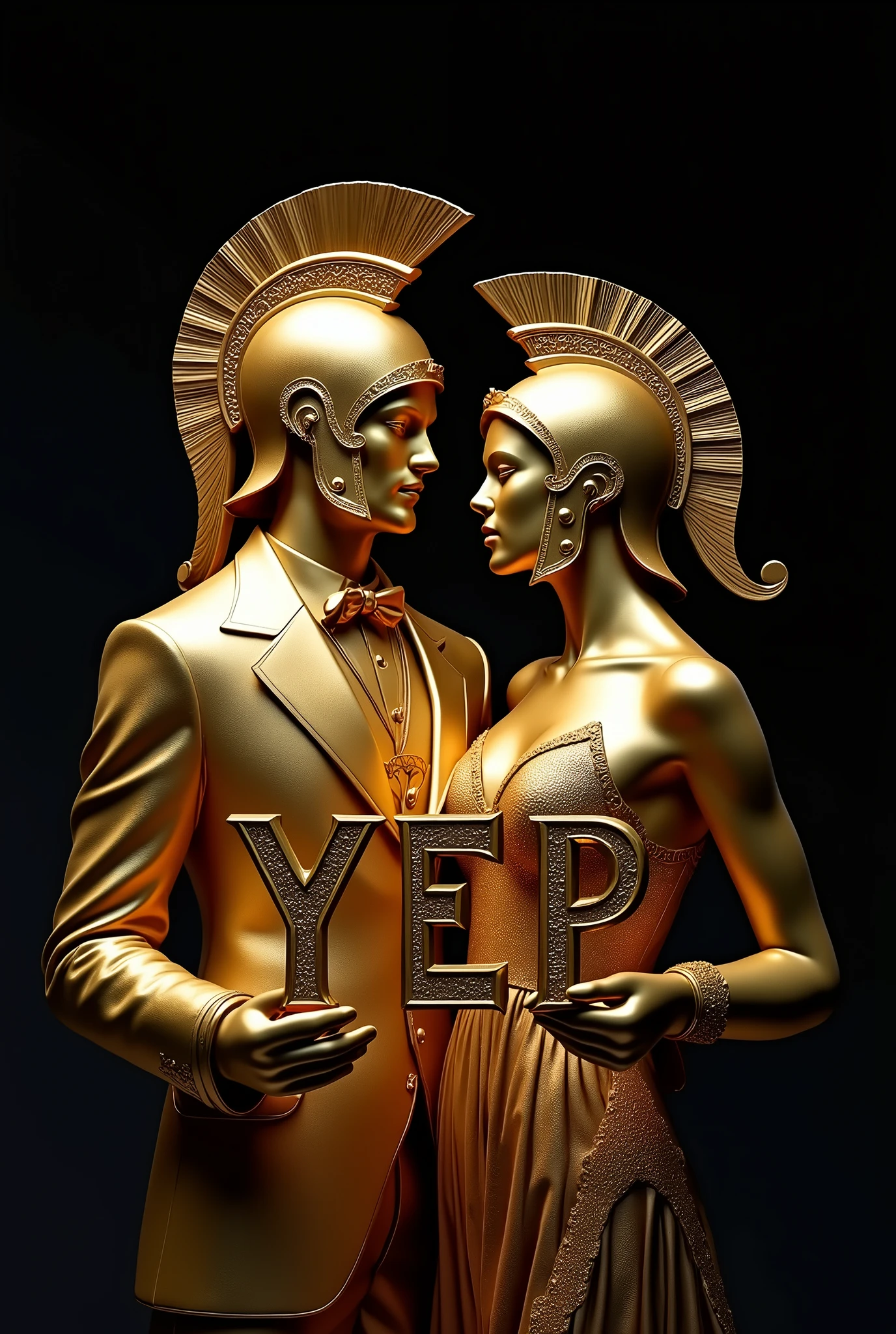 Gold statue of a man and women, wearing toxido formal suit and dress and wearing spartans helmet, holding letters Y.E.P gold texture, whole body, black background, high quality, 4k resolution, intricate detailed