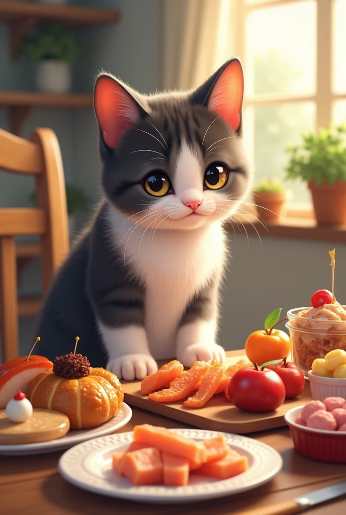 A cute cat character looking at delicious food on the table、It depicts her hesitant but extremely patient behavior.。Meat and fish dishes on the table、Cakes and other items are lined up