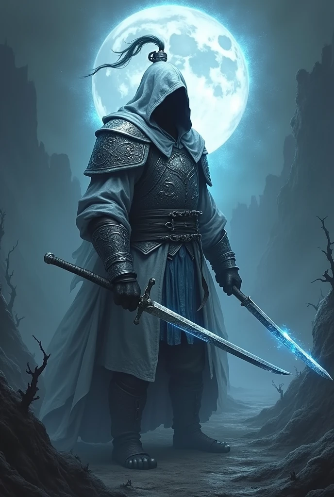 Elden Ring style, Dark Souls style, male warrior, one handed katana, silver light armor, lunar blue magic, eastern warrior, hidden face