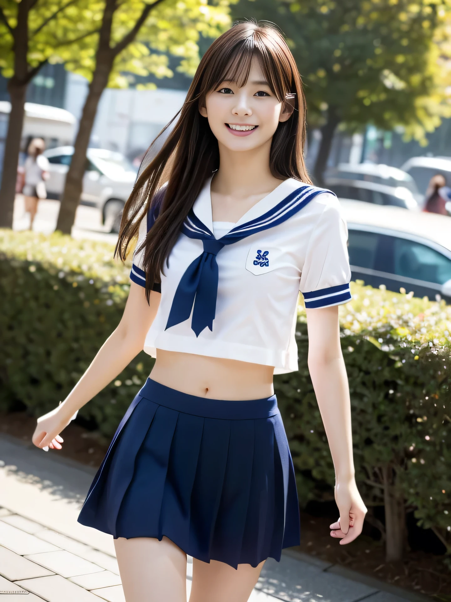 photorealistic, extremely delicate and beautiful, ultra-detailed,(best quality, 8k, 32k, masterpiece, UHD:1.2), Photo of 17yo erotic cute Japanese model running through the scramble crossing in Shibuya with many schoolgirls, summer sailor costume school uniform, short sleeve, dark blue pleated skirt, low-rise miniskirt, (navel, forehead), long hair, charming look, charming figure, delicate body shape, delicate figure, upper teeth, kindly smile, young sensual gravure idol, young thin gravure idol, young pretty gravure idol, young gravure idol, young gravure idol, sophisticated gravure idol,