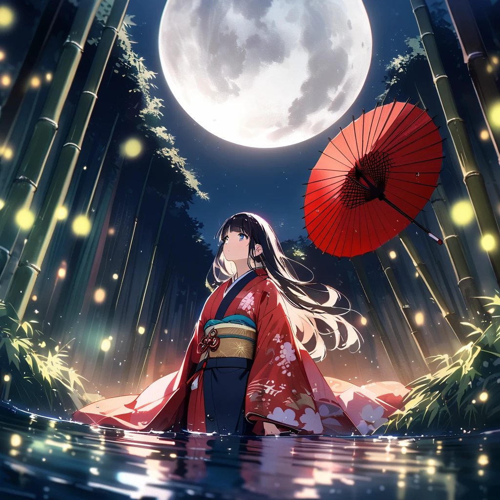 (Very fine fine touch:1.3), Vibrant colors, Soft tones, Warm and gentle lighting, , alone, whole body, (Aristocrats of Ancient Japan, Beautiful kimono, Beautiful long black hair), Shiny Hair, Looking up at the moon, (Pearly white moon:1.3), Holding a Japanese umbrella, Splash, Fireflies flying around, Bamboo leaves are arranged three-dimensionally in the foreground., Light shines on the wet ground, Japan bamboo forest,