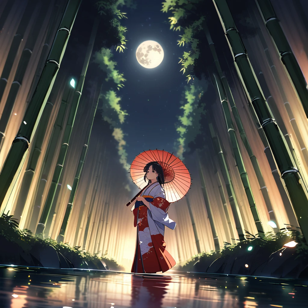 (Very fine fine touch:1.3), Vibrant colors, Soft tones, Warm and gentle lighting, , alone, whole body, (Aristocrats of Ancient Japan, Beautiful kimono, Beautiful long black hair), Shiny Hair, Looking up at the moon, (Pearly white moon:1.3), Holding a Japanese umbrella, Splash, Fireflies flying around, Bamboo leaves are arranged three-dimensionally in the foreground., Light shines on the wet ground, Japan bamboo forest,