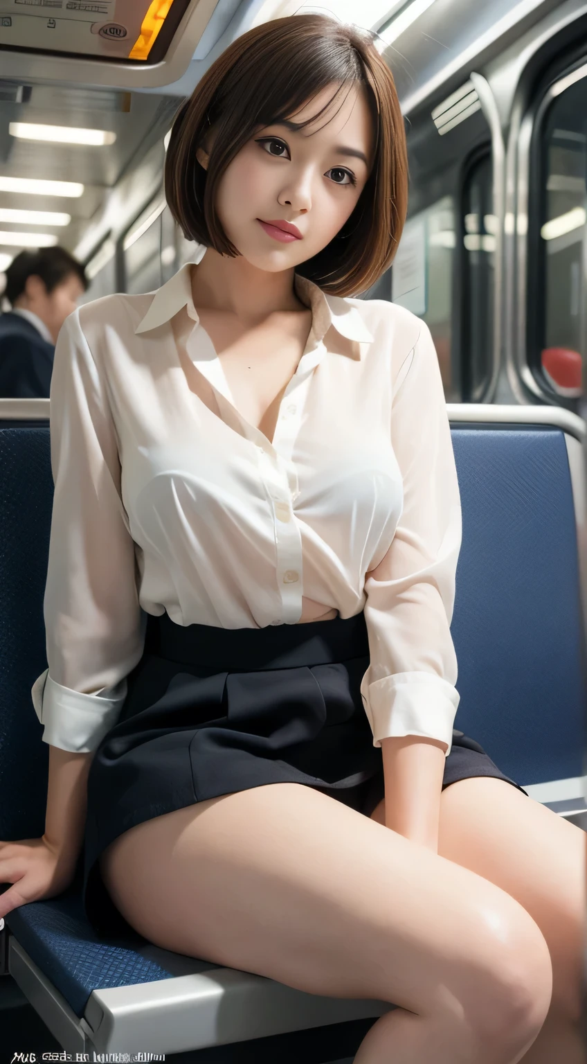 (One Girl:1.3), short hair, Japanese university students、Great face and eyes, Looking into the camera、 (Highest quality:1.4), Very detailed CG 統合 8k 壁紙, Very detailed, High-resolution RAW color photos, Professional photography, Realistic full body shot, Studio shot、Portrait of sexy girl, Black suit、Black Mini Skirt、((((White shirt))))、(((job hunting))),on the train,Shyness,(Nipples are visible),((Small breasts))