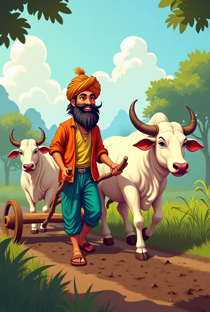 Create a cartoon vector art with a good looking farmer wearing pagdi and having a long desi mustache with two white bulls tied up with plough while tilting the land.