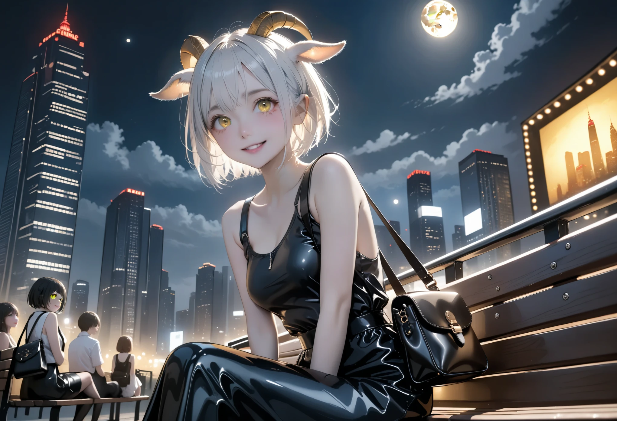 black and white bicolor hair, ,Asymmetrical hair, short hair,Crazy eyed woman。Sitting on a bench。Yellow Eyes, smile。Black latex long skirt。Latex black sleeveless。Black messenger bag。Goat ears,Lonely。Dark atmosphere。A group of realistic buildings。Skyscraper。full moon。Beautiful night view。Cowboy Shot。Cinema Lighting ,masterpiece,, Highest quality, 8k.