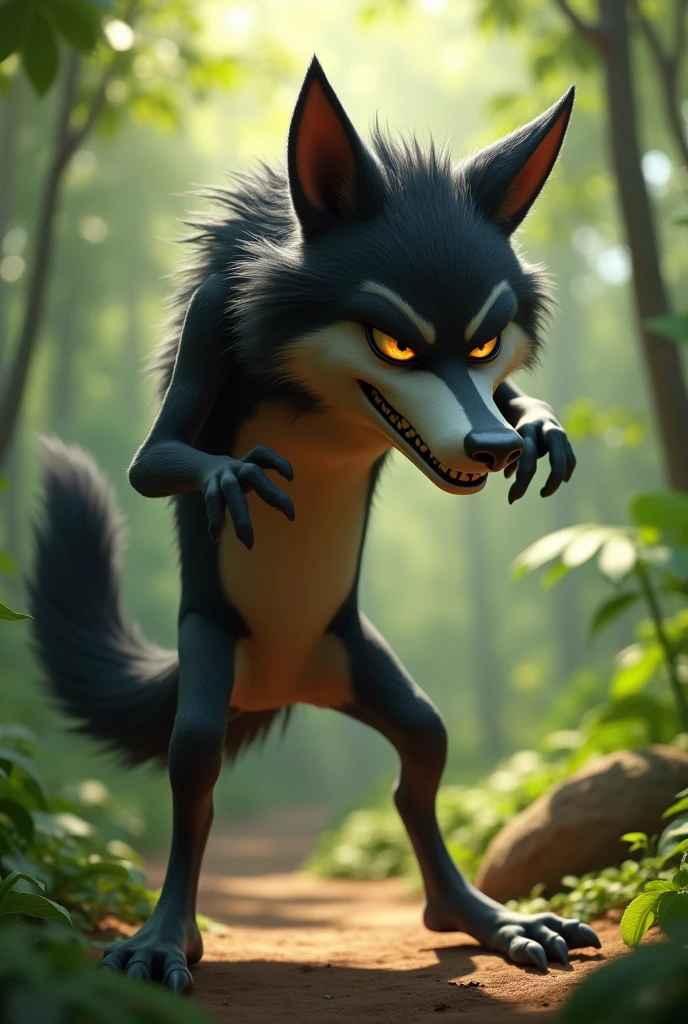 pixar style, sideview of a 3D cute but revengeful mischief black furry wolf with grey snout and belly, with realistic black fur, 3D illustration, captured in a highly exaggerated cartoonish pose, blowing air from mouth with full force. The wolf's cheeks are puffed, lips rounded and eyes closed. The wolf's legs are bent, and its arms stretch backward, emphasizing the comical exertion. The expression on the wolf's face is exaggerated, with closed eyes, furrowed brows, and a humorous intensity. (1male wolf:1.2), (sinister and mischief expression:1.5), dark behaviour, lean build, (disproportionate body long nose and mouth), (realistic fur texture), (jungle background:1.4), sunlight filtering through the trees, (soft lighting:1.3), (green and earthy color scheme:1.3), (highly detailed), (ultra quality:1.3), (masterpiece), (digital art), 8K resolution, HDR, depth of field, (soft shadows), (photorealistic:1.3), (animation:1.2), (by Greg Rutkowski:0.9), (in the style of Alphonse Mucha), trending on ArtStation, award-winning art