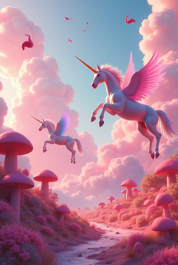 A pink world with clouds shaped like edible breasts. Flying unicorns that jump around and fart colorfully like rainbow. Flowers shaped like spiky magic mushrooms and flying sperm. Futuristic picture