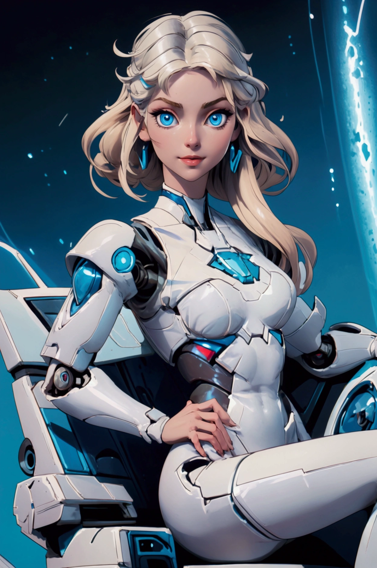 Beautiful robot woman, large breasts, pale white skin, blue eyes, short blonde hair, small smile, lounging on a sofa, spaceship background, highest quality