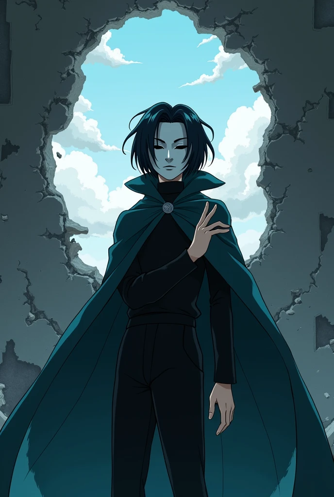 The image is anime style cowboy bebop and Darker than black with shadows and dim lights, anime style although somewhat adult and dark, It shows a single adult man with medium-length black hair wearing a cape., Thin build wearing a white theatre mask of the smiling Melpomene or Thalia type, that does not allow his face to be seen, posing sideways with her dark turquoise cape billowing forward, The rest of his clothing is black.. He is standing in front of a destroyed grey wall, with debris falling behind him, behind the hole in that wall, I could see the sky and the clouds. He is about to snap his fingers.